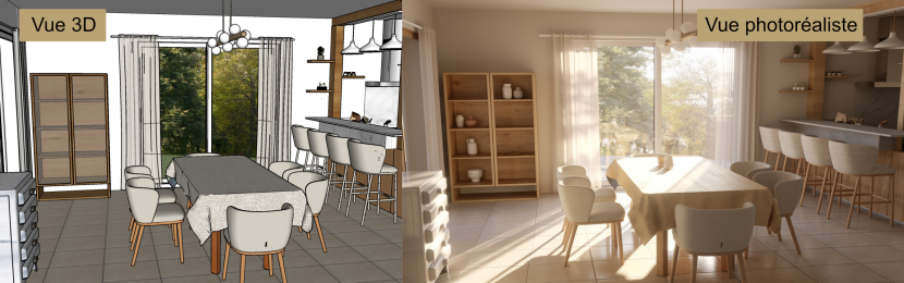 À gauche, une vue 3D en perspective d'une cuisine-salle à manger ; à droite, la même pièce en rendu photoréaliste
